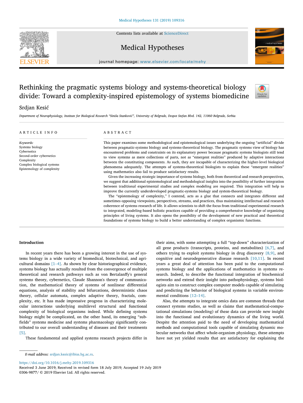 Rethinking the Pragmatic Systems Biology and Systems-Theoretical Biology Divide: Toward a Complexity-Inspired Epistemology of Systems Biomedicine T