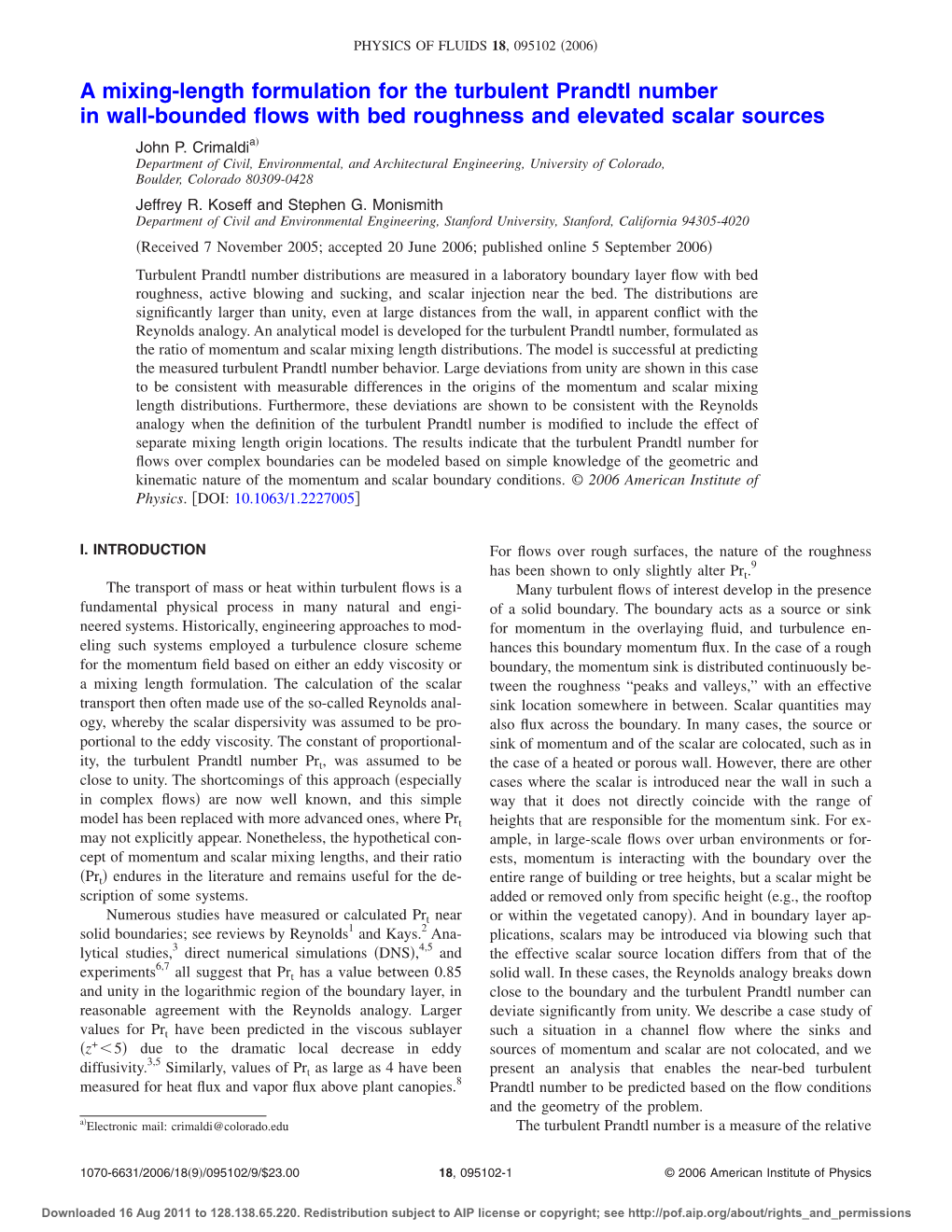 A Mixing-Length Formulation for the Turbulent Prandtl Number in Wall-Bounded ﬂows with Bed Roughness and Elevated Scalar Sources ͒ John P