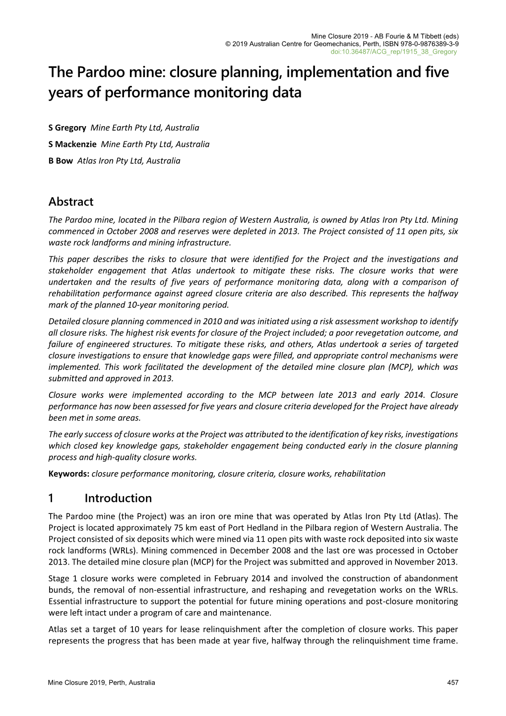 The Pardoo Mine: Closure Planning, Implementation and Five Years of Performance Monitoring Data