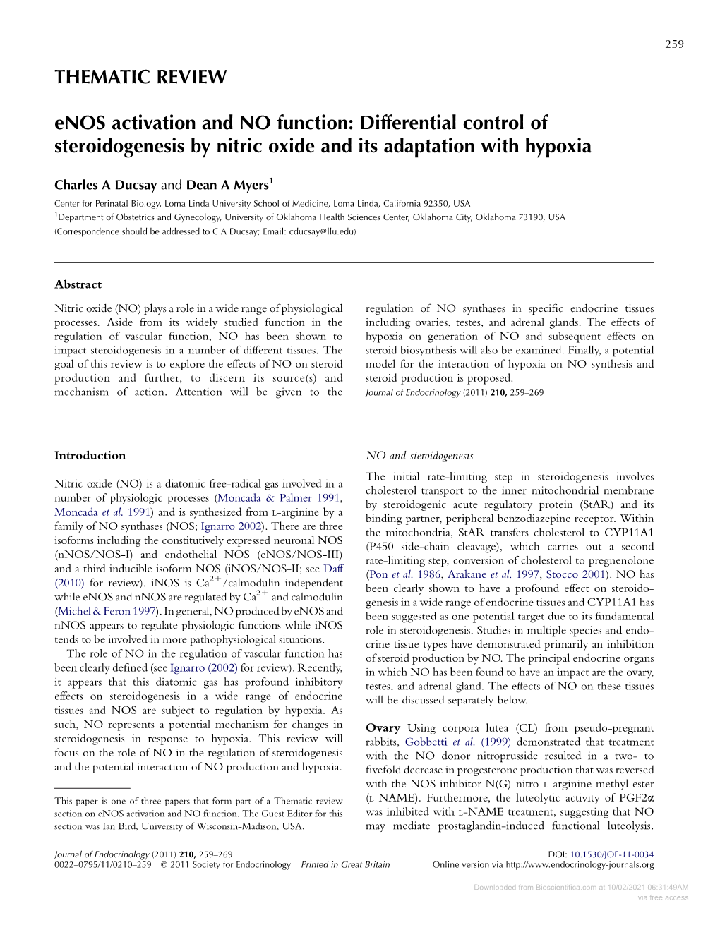 Differential Control of Steroidogenesis by Nitric Oxide and Its Adaptation with Hypoxia