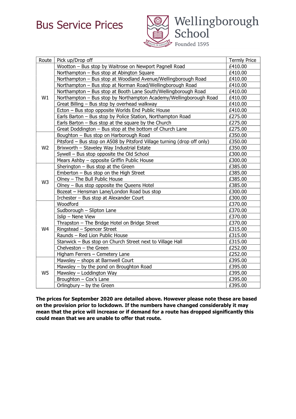 Bus Service Prices