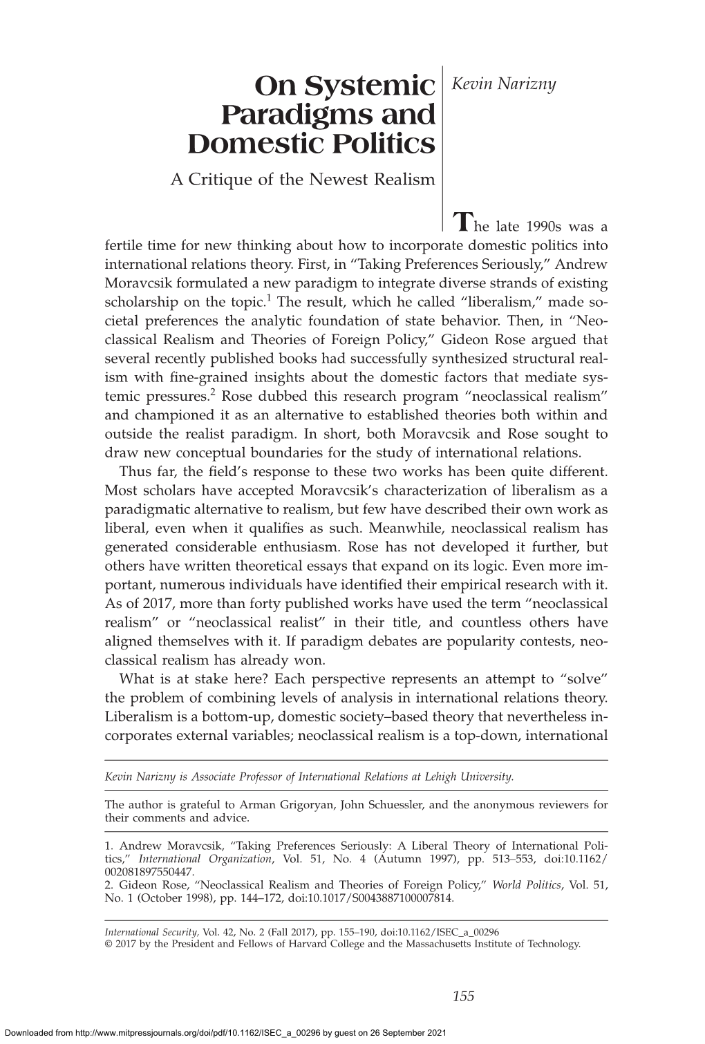 On Systemic Paradigms and Domestic Politics on Systemic Kevin Narizny Paradigms and Domestic Politics a Critique of the Newest Realism