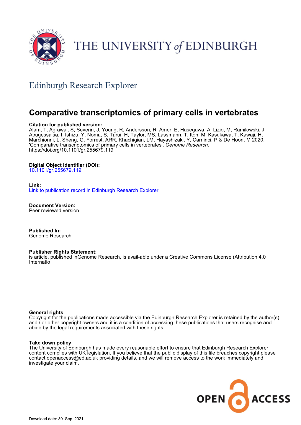 Comparative Transcriptomics of Primary Cells in Vertebrates