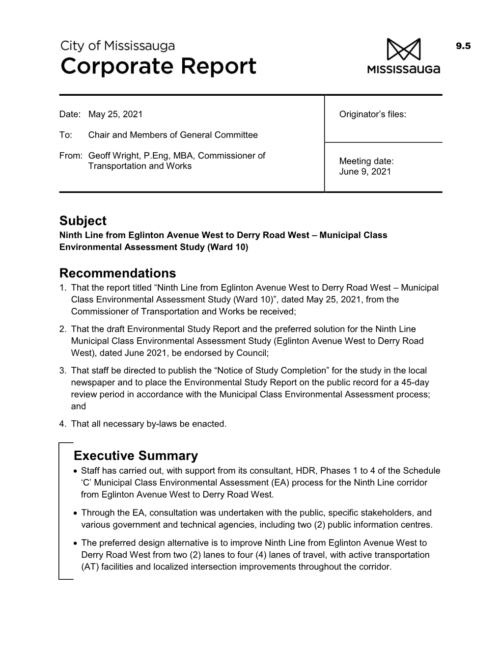 Ninth Line from Eglinton Avenue West to Derry Road West – Municipal Class Environmental Assessment Study (Ward 10)