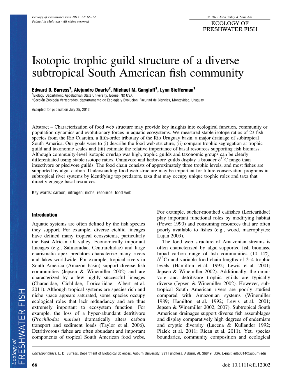 Isotopic Trophic Guild Structure of a Diverse Subtropical South American ﬁsh Community