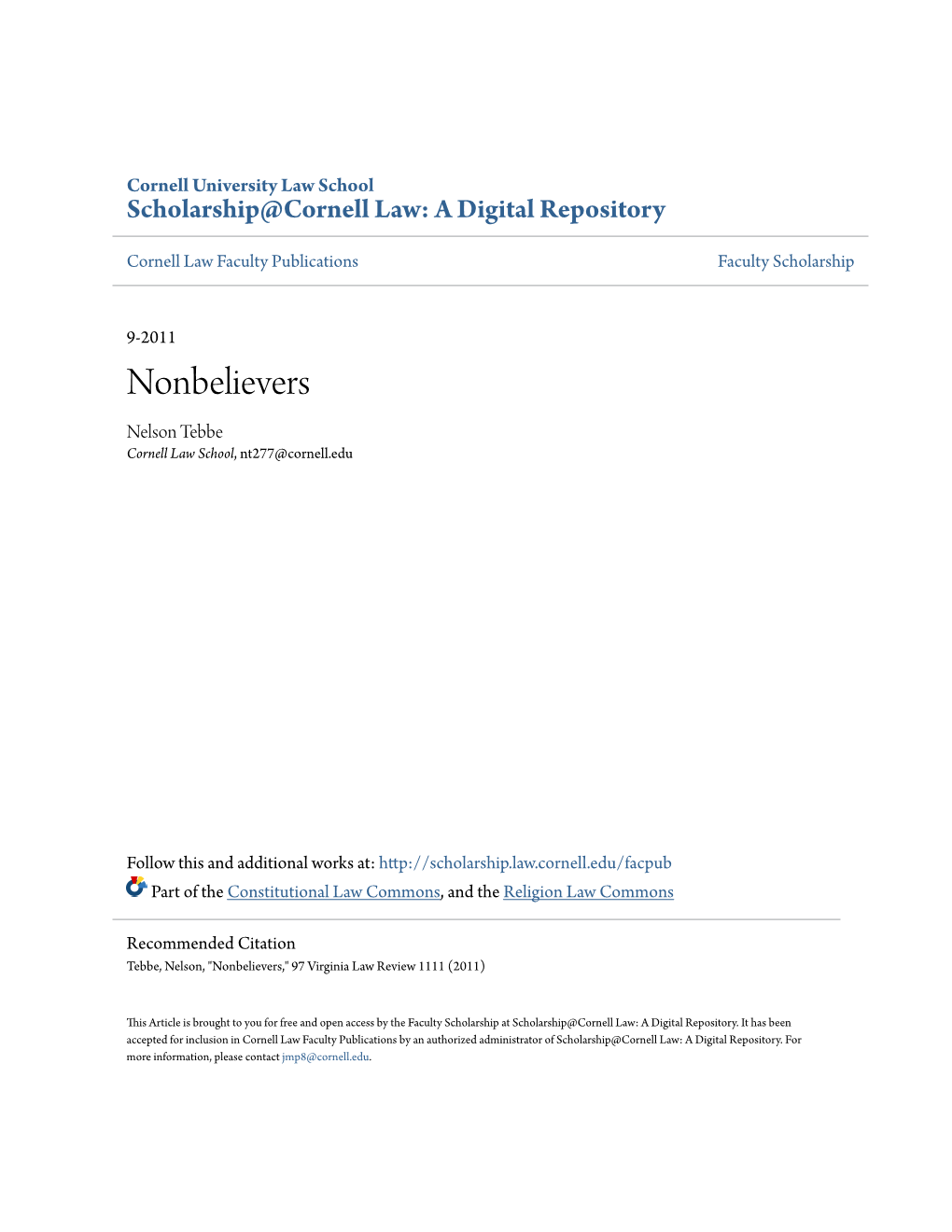 Nonbelievers Nelson Tebbe Cornell Law School, Nt277@Cornell.Edu