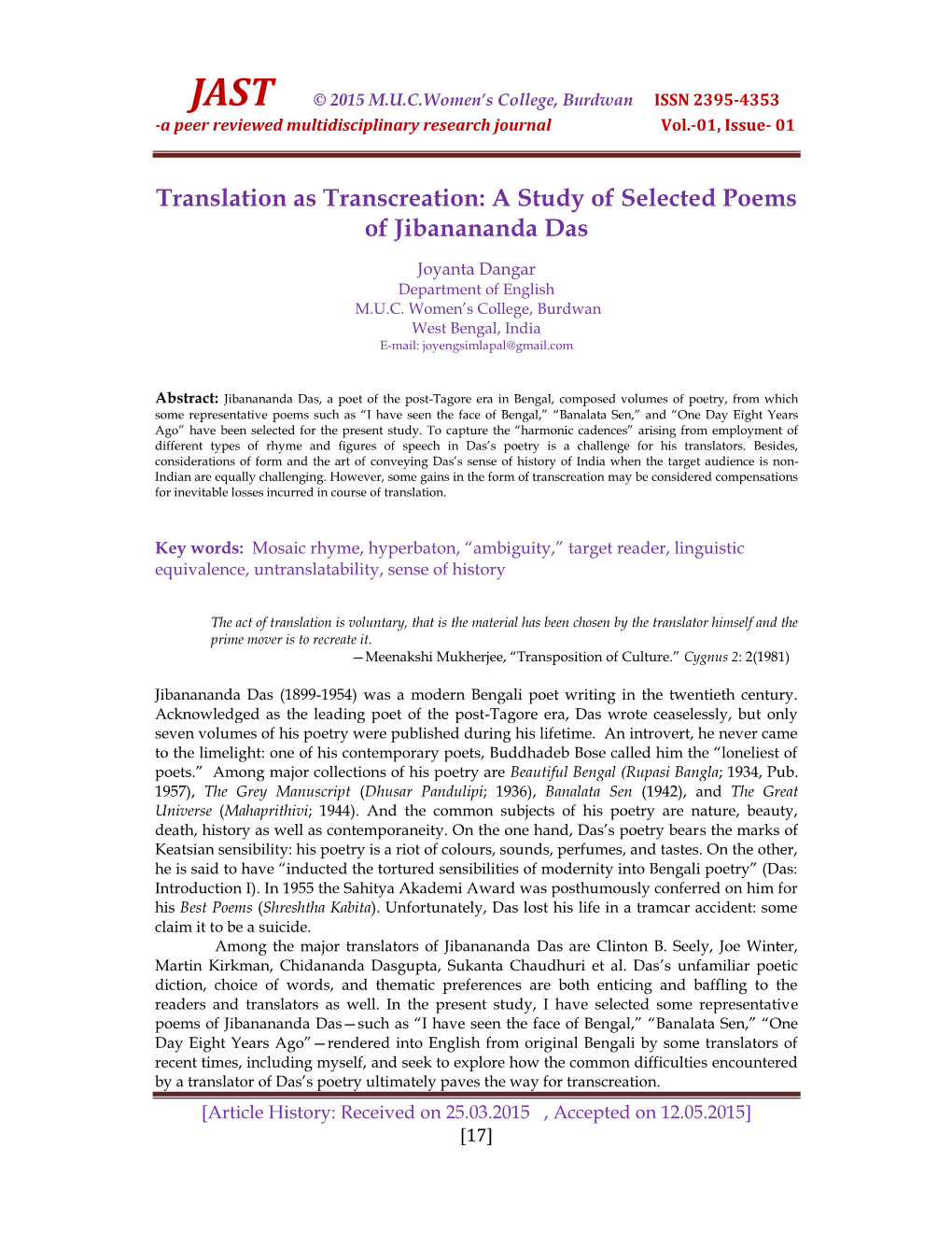 Translation As Transcreation: a Study of Selected Poems of Jibanananda Das