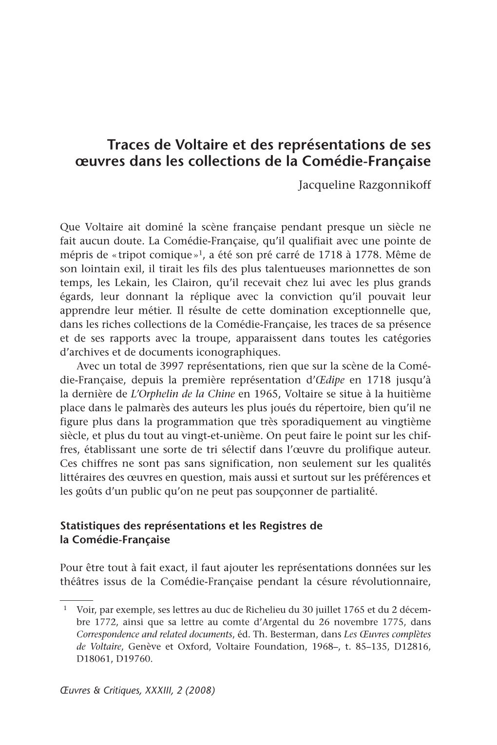 Traces De Voltaire Et Des Représentations De Ses Œuvres Dans Les Collections De La Comédie-Française Jacqueline Razgonnikoff