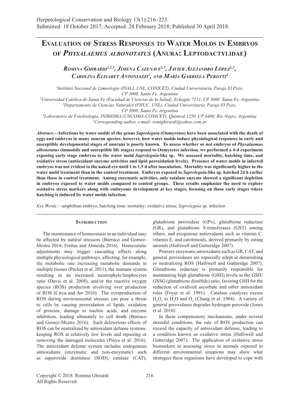 Evaluation of Stress Responses to Water Molds in Embryos of Physalaemus Albonotatus (Anura: Leptodactylidae)