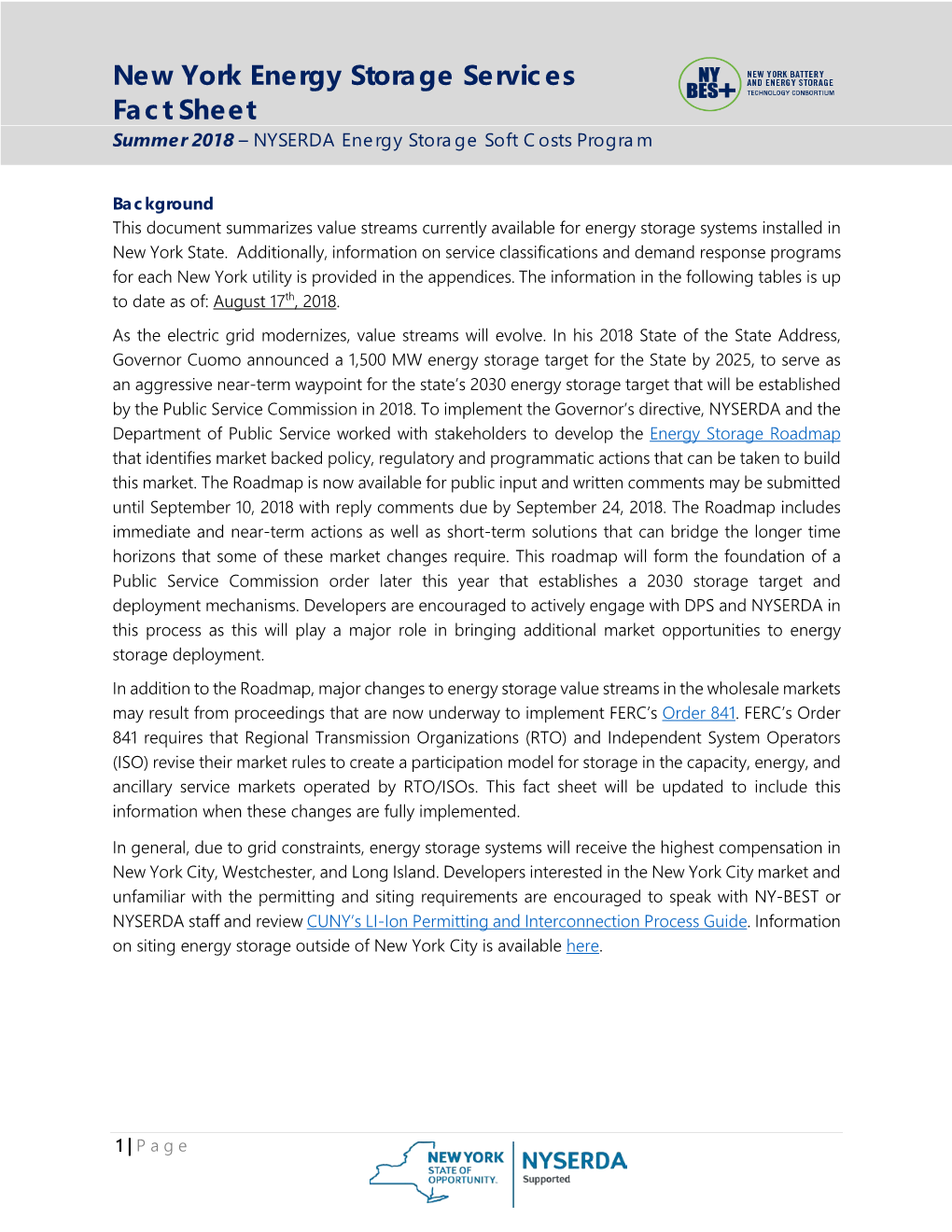 New York Energy Storage Services Fact Sheet Summer 2018 – NYSERDA Energy Storage Soft Costs Program