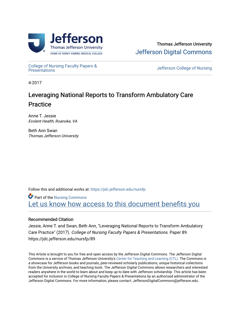 Leveraging National Reports to Transform Ambulatory Care Practice