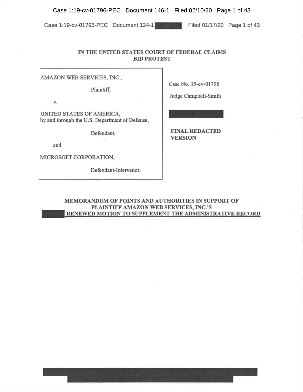 Case 1:19-Cv-01796-PEC Document 146-1 Filed 02/10/20 Page 1 of 43