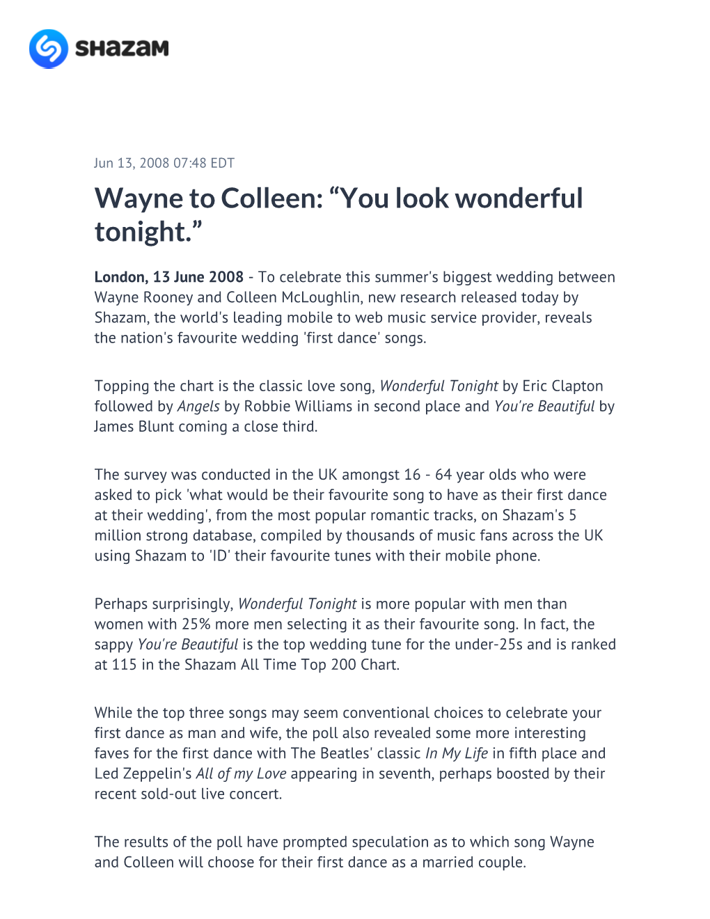 Wayne to Colleen: “You Look Wonderful Tonight.”