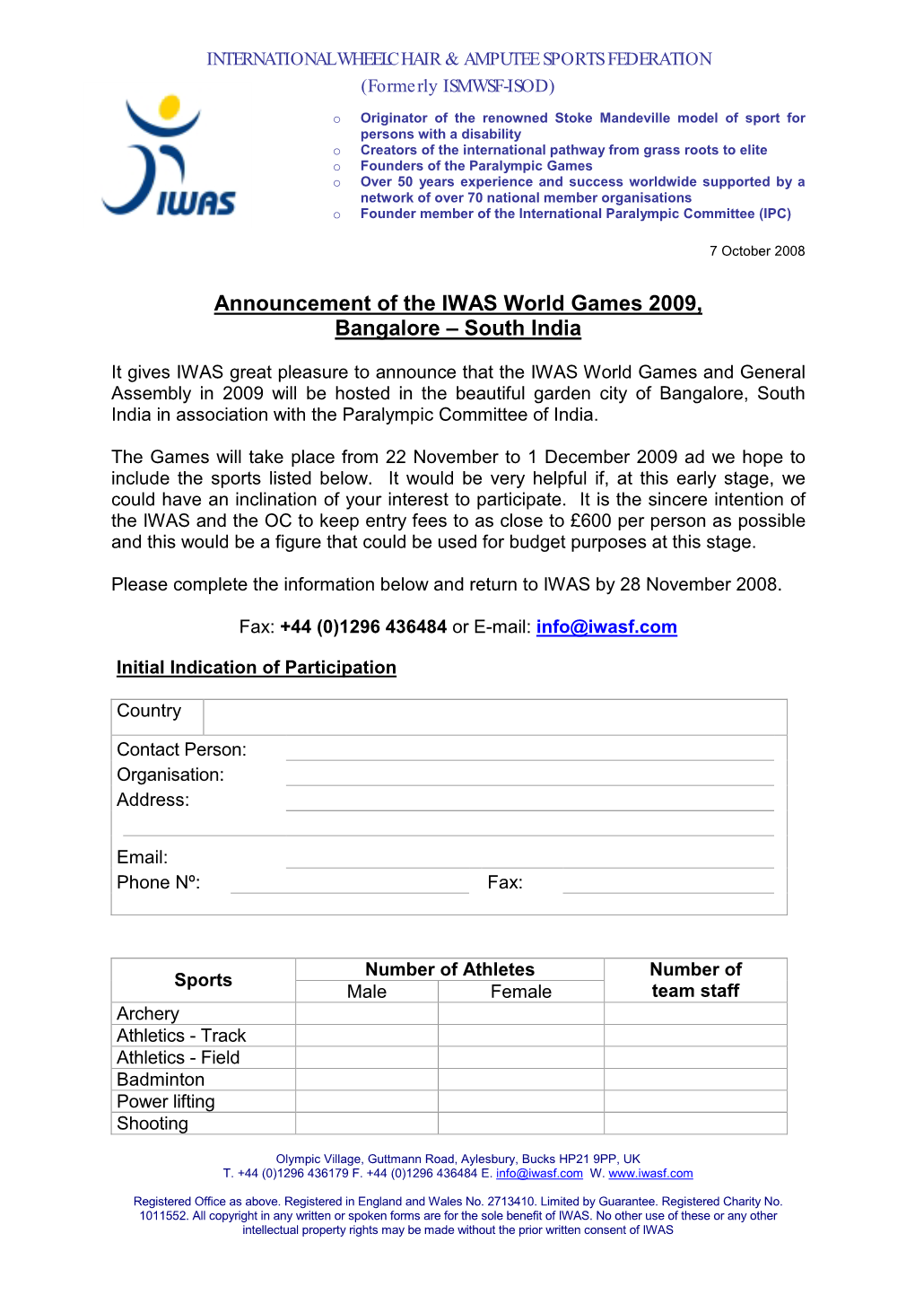 Announcement of the IWAS World Games 2009, Bangalore – South India