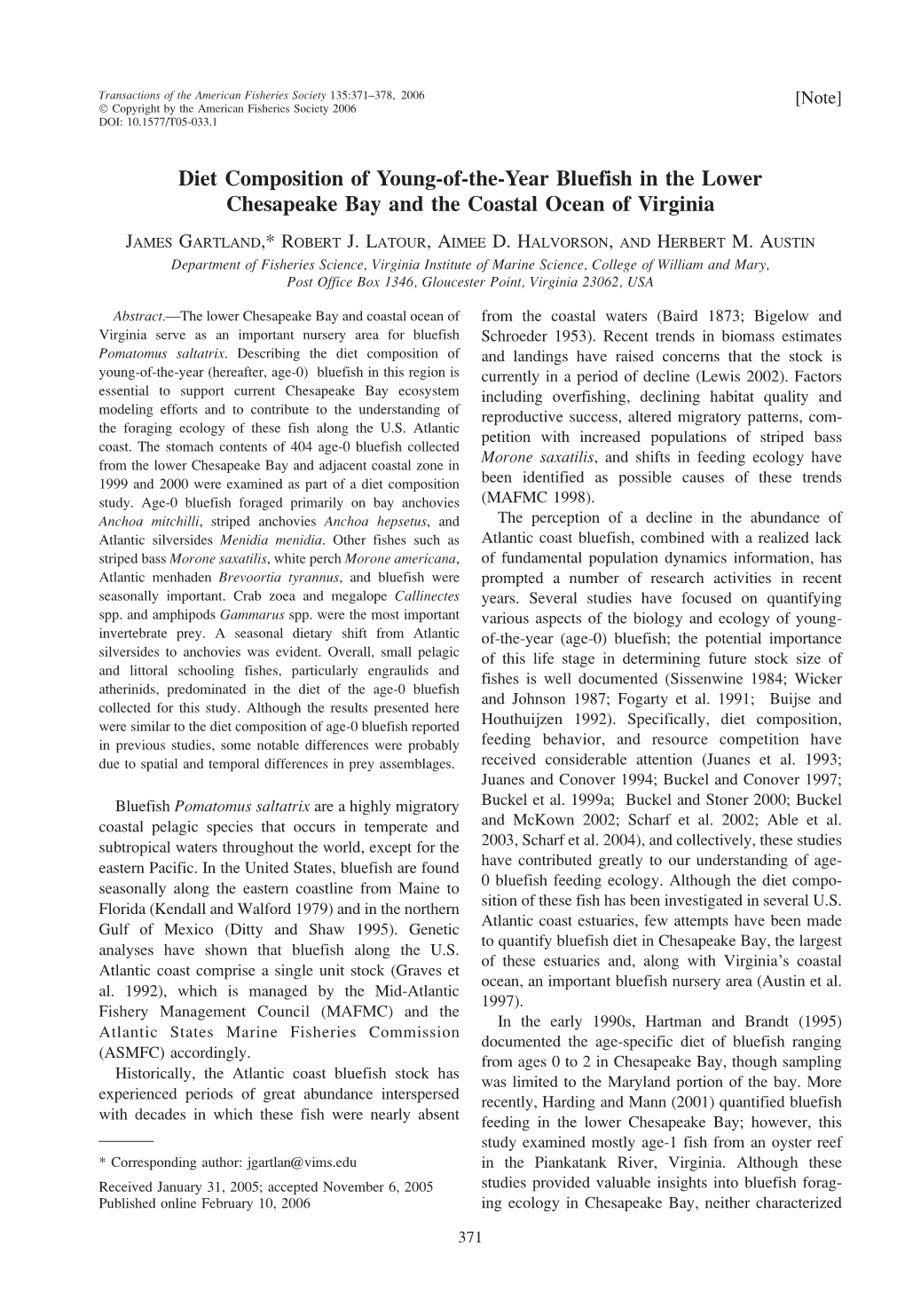 Diet Composition of Young-Of-The-Year Bluefish in the Lower Chesapeake Bay and the Coastal Ocean of Virginia