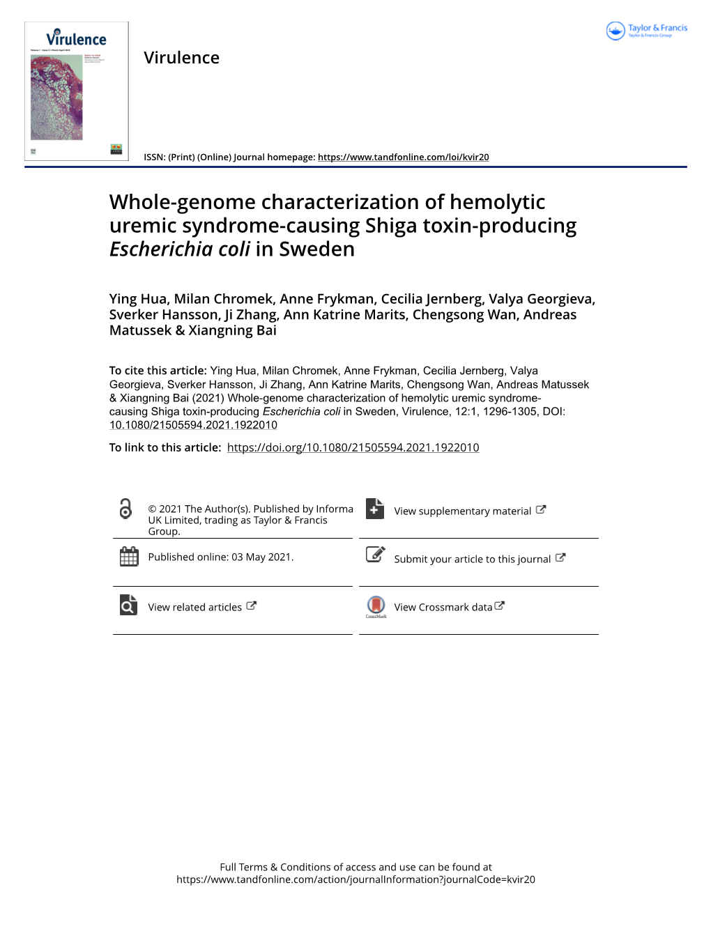 Whole-Genome Characterization of Hemolytic Uremic Syndrome-Causing Shiga Toxin-Producing Escherichia Coli in Sweden