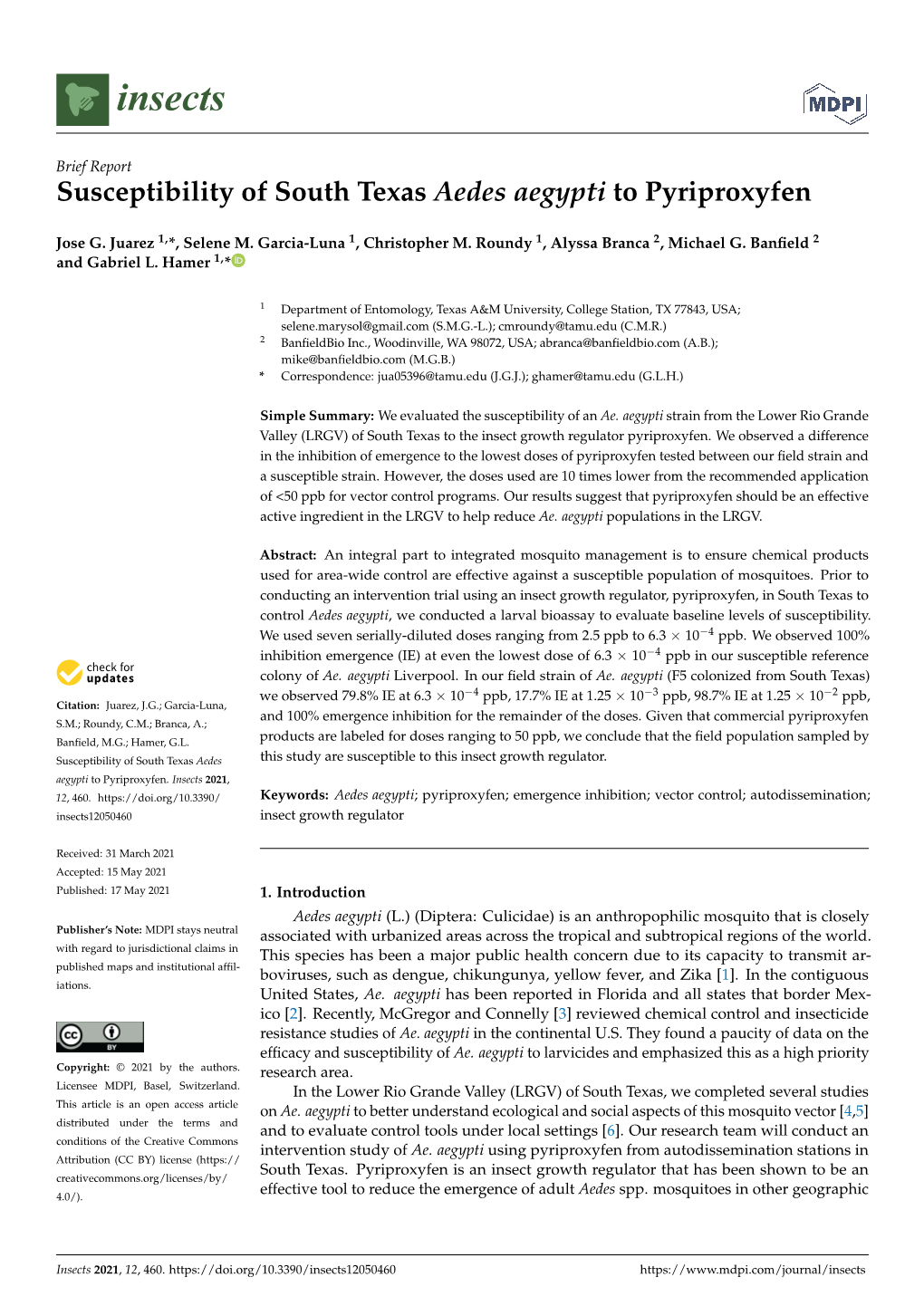 Susceptibility of South Texas Aedes Aegypti to Pyriproxyfen