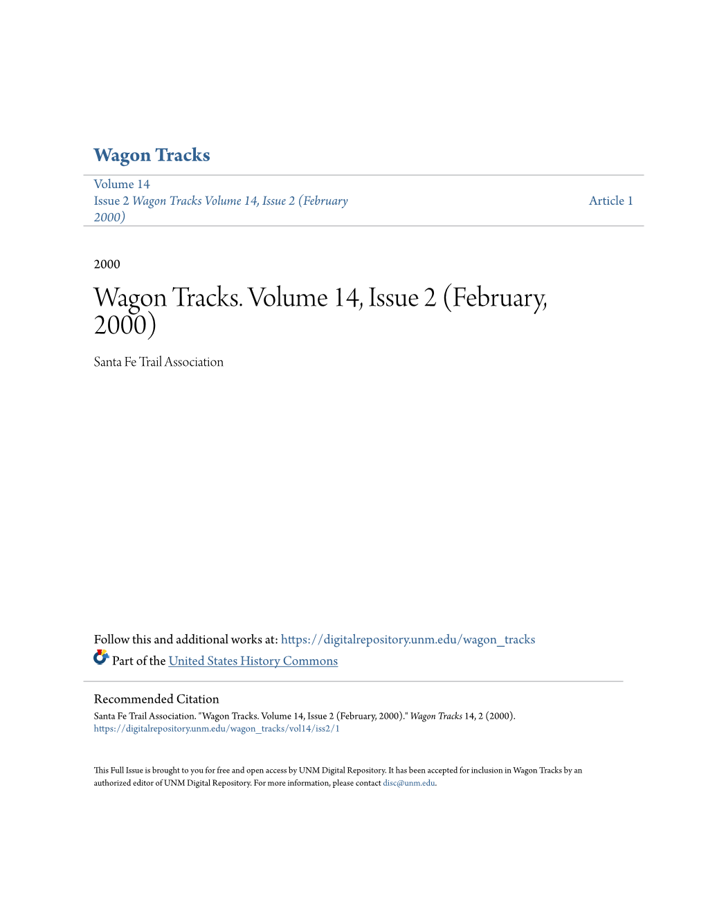 Wagon Tracks. Volume 14, Issue 2 (February, 2000) Santa Fe Trail Association