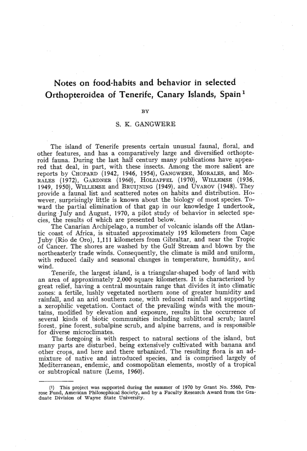 Notes on Food-Habits and Behavior in Selected Orthopteroidea of Tenerife, Canary Islands, Spain L