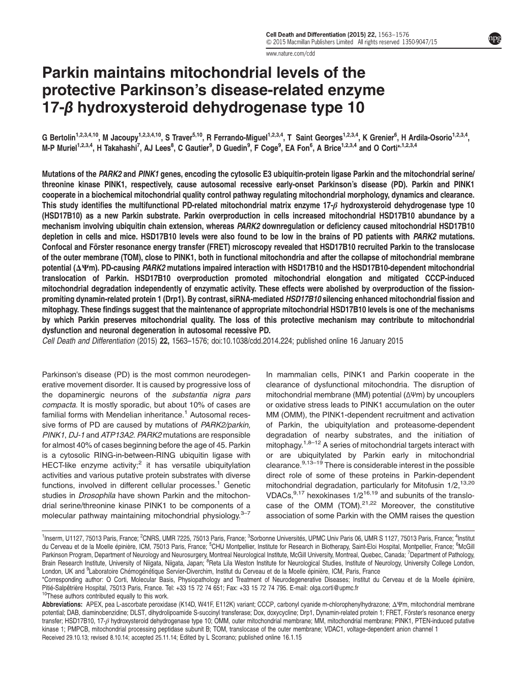 Parkin Maintains Mitochondrial Levels of the Protective Parkinson&Rsquo;S Disease-Related Enzyme 17-&Beta; Hydroxysteroi