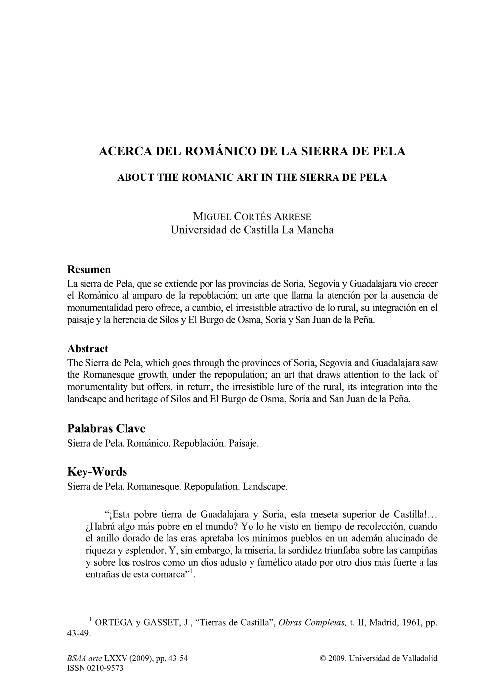 ACERCA DEL ROMÁNICO DE LA SIERRA DE PELA Palabras Clave