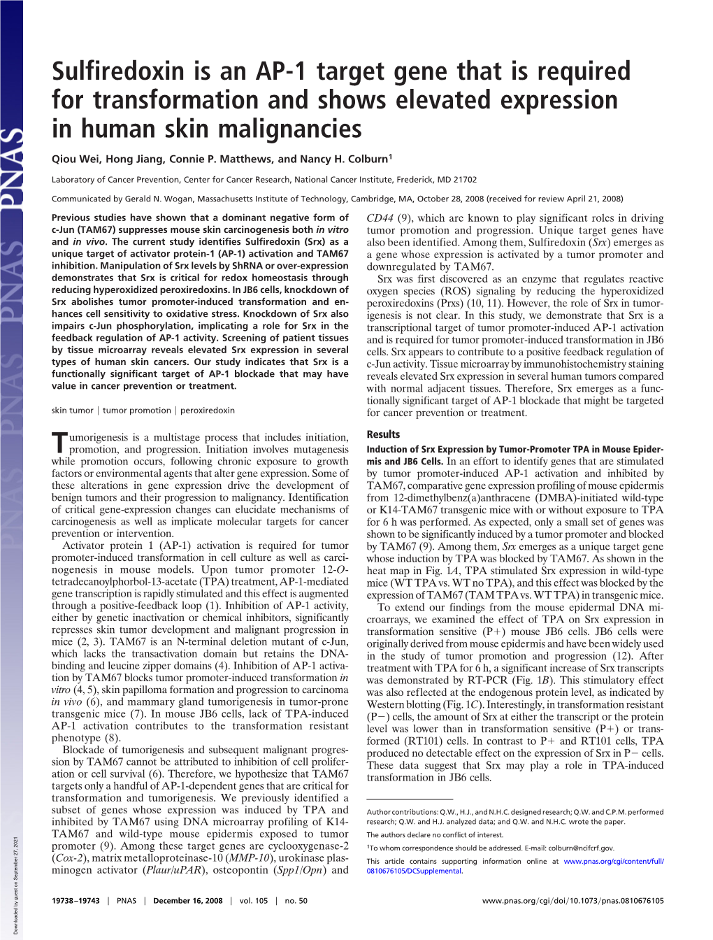 Sulfiredoxin Is an AP-1 Target Gene That Is Required for Transformation and Shows Elevated Expression in Human Skin Malignancies