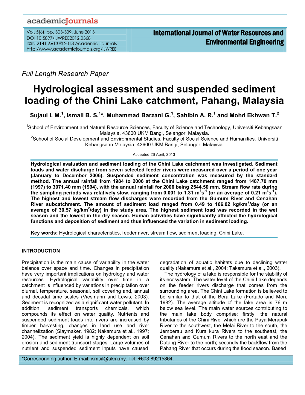 Hydrological Assessment and Suspended Sediment Loading of the Chini Lake Catchment, Pahang, Malaysia