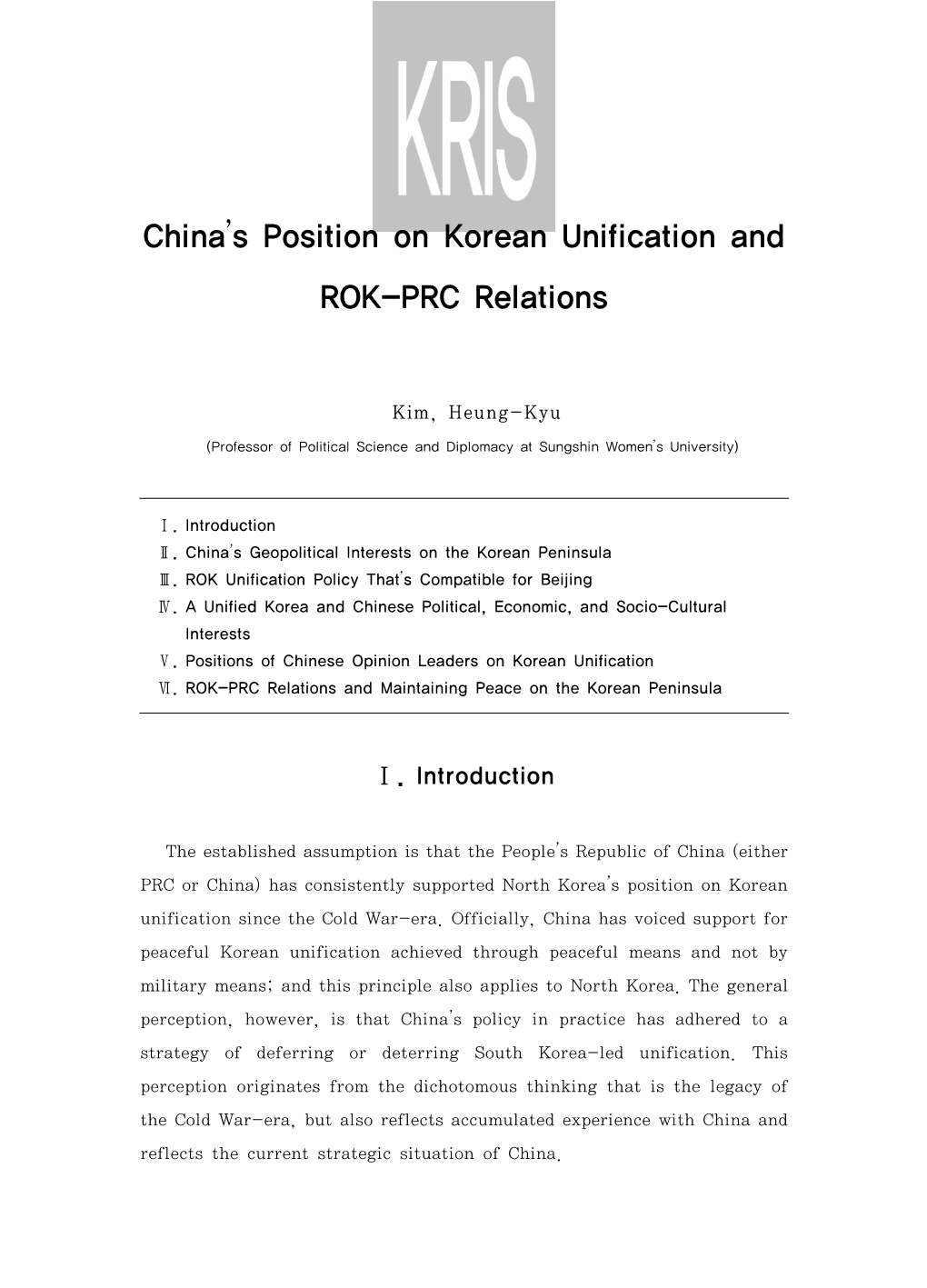 China's Position on Korean Unification and ROK-PRC Relations