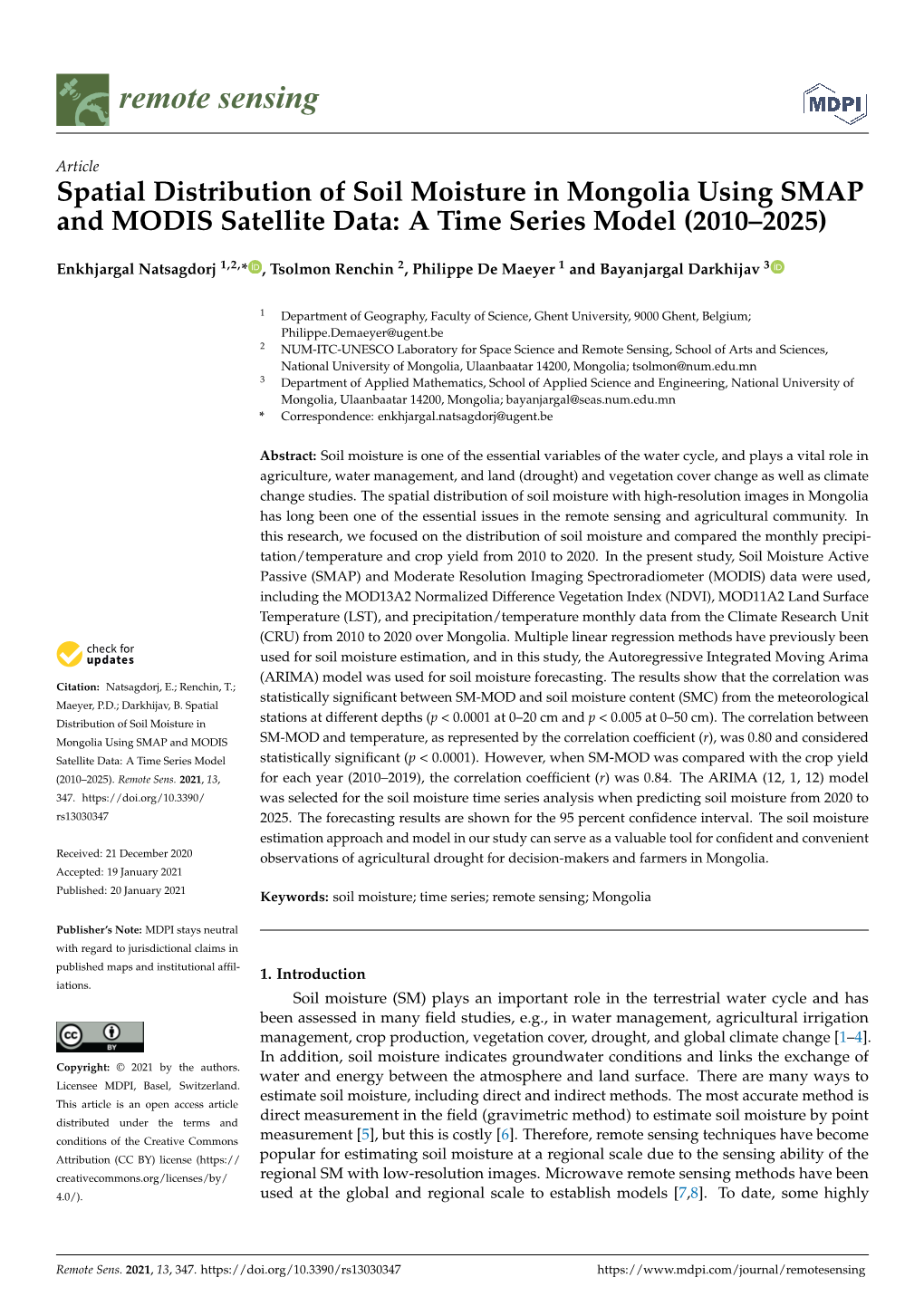 Spatial Distribution of Soil Moisture in Mongolia Using SMAP and MODIS Satellite Data: a Time Series Model (2010–2025)