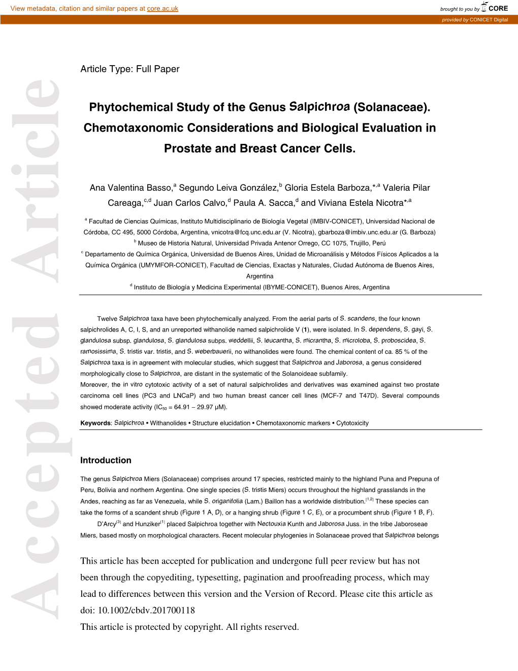 Phytochemical Study of the Genus Salpichroa (Solanaceae