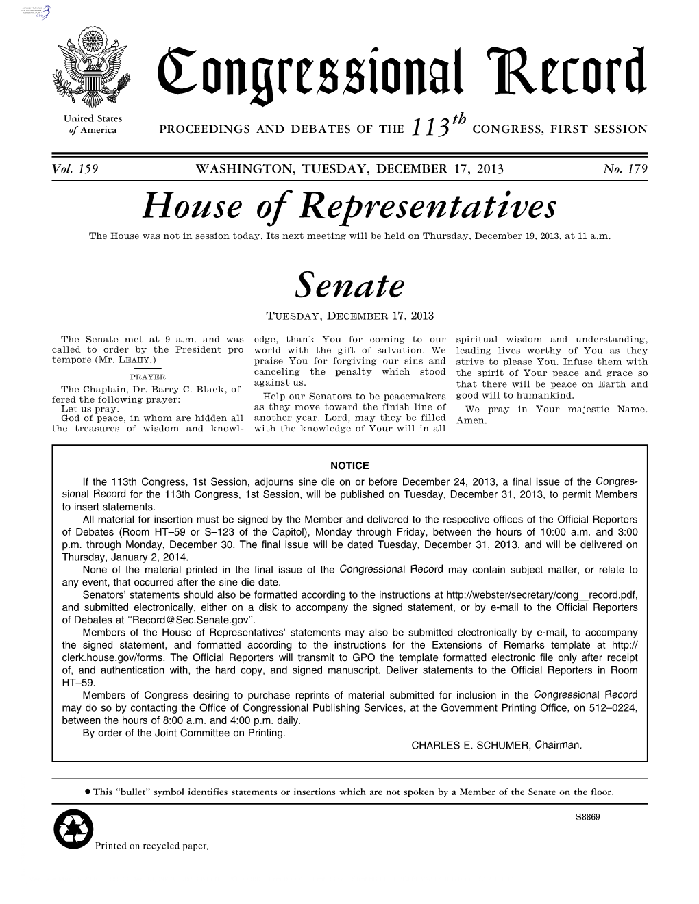 Congressional Record United States Th of America PROCEEDINGS and DEBATES of the 113 CONGRESS, FIRST SESSION