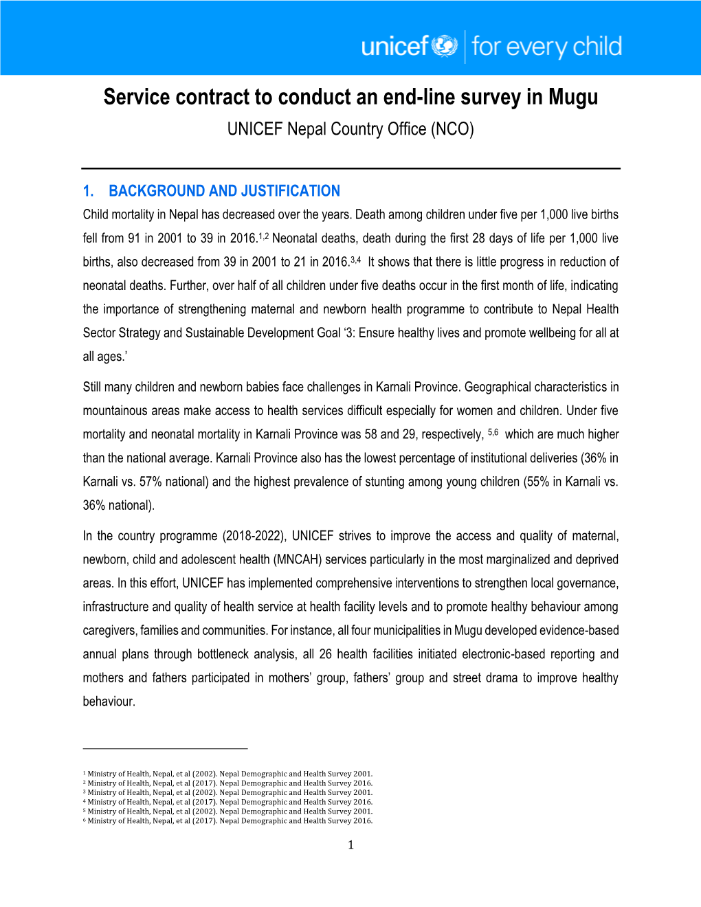 Service Contract to Conduct an End-Line Survey in Mugu UNICEF Nepal Country Office (NCO)