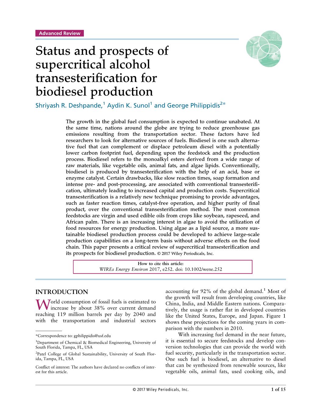 Status and Prospects of Supercritical Alcohol Transesterification for Biodiesel Production