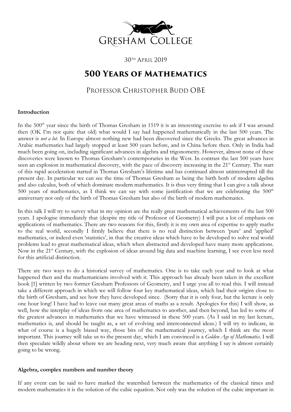 500 Years of Mathematics