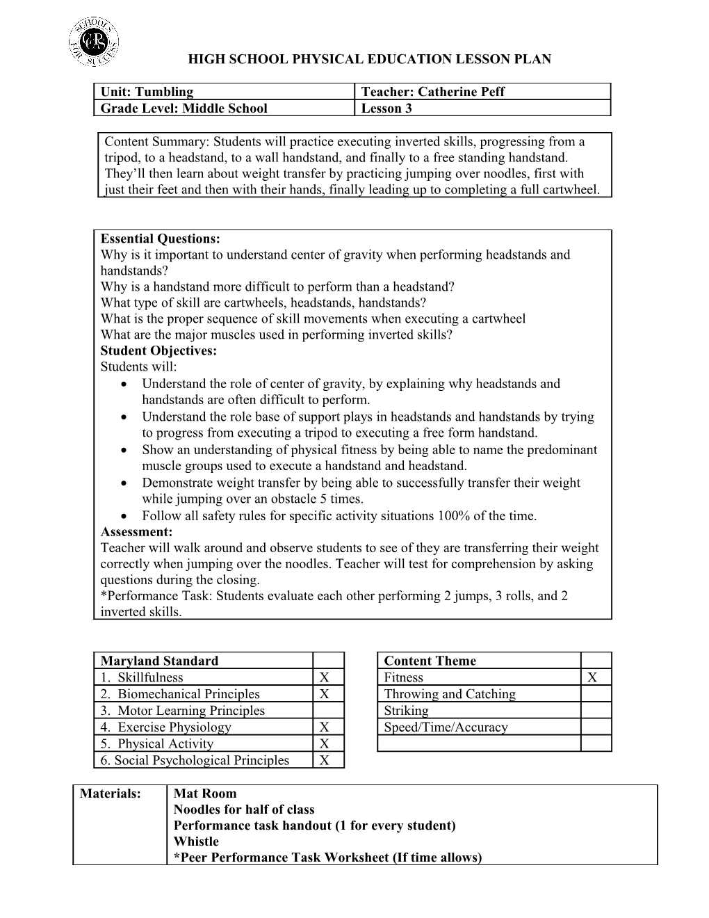 Elementary Physical Education Lesson Plan