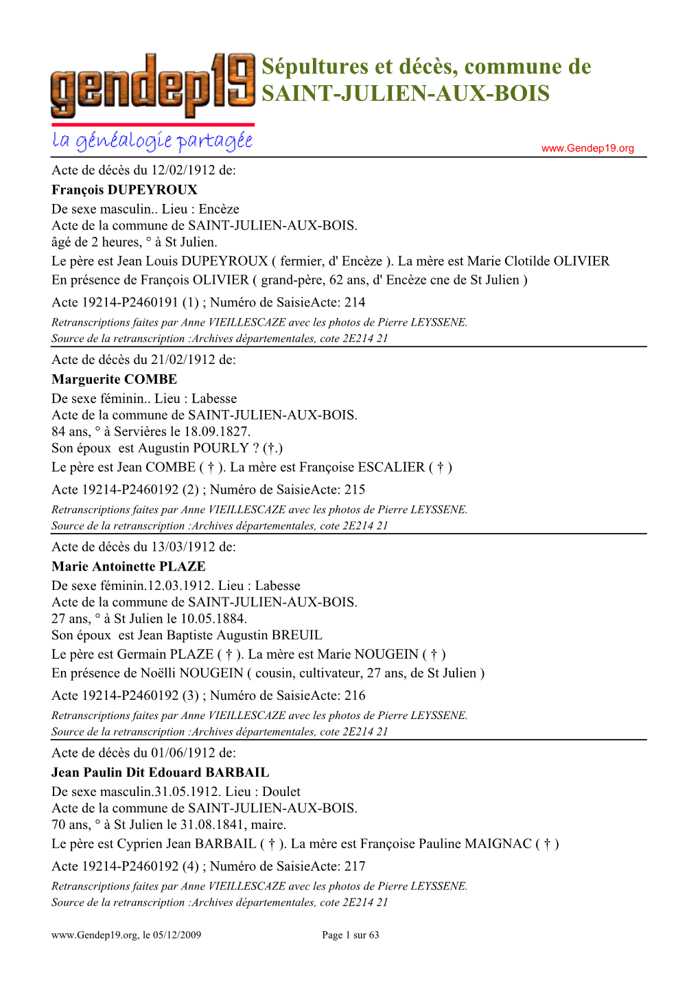 Sépultures Et Décès, Commune De SAINT-JULIEN-AUX-BOIS
