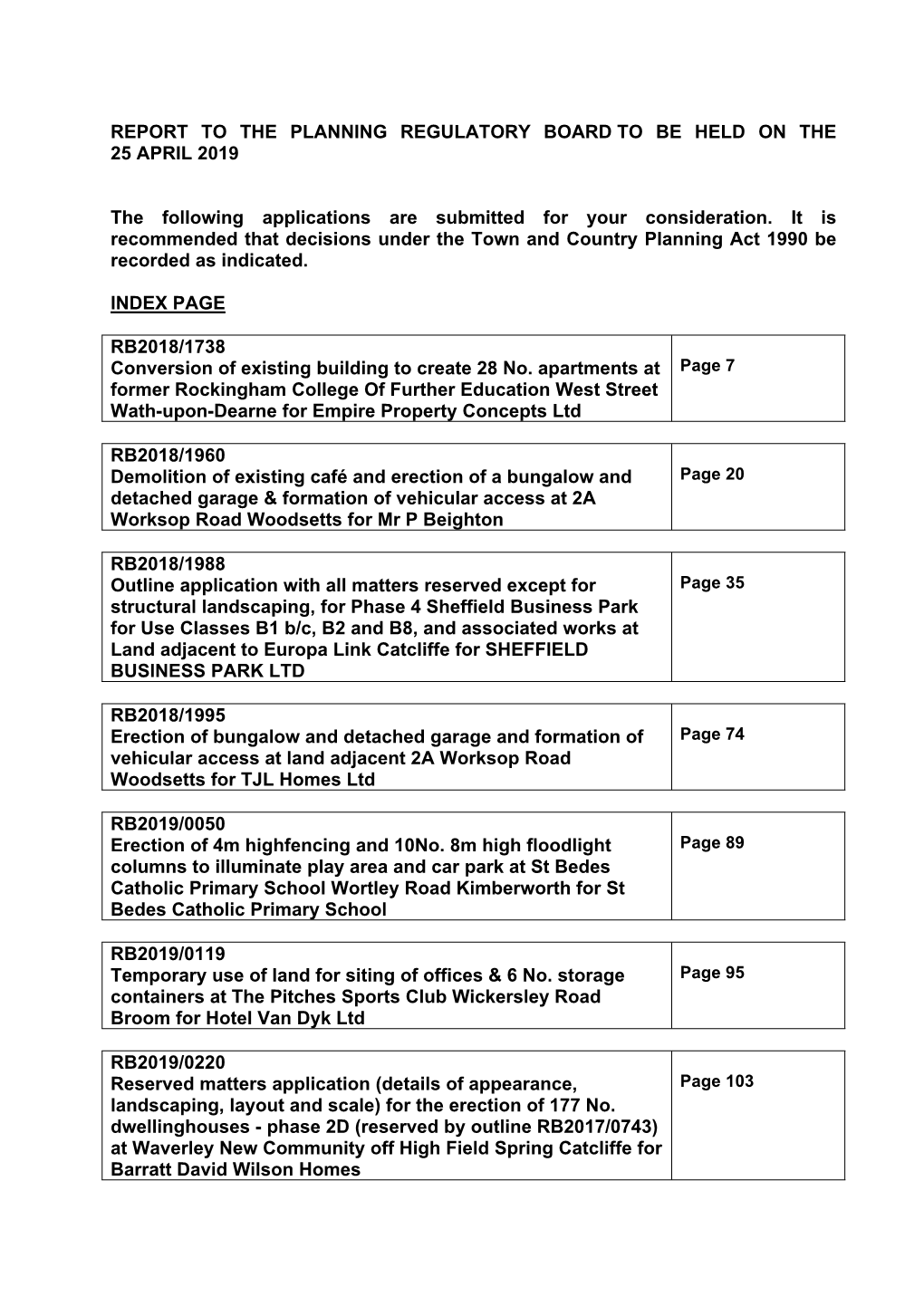 Report to the Planning Regulatory Board to Be Held on the 25 April 2019