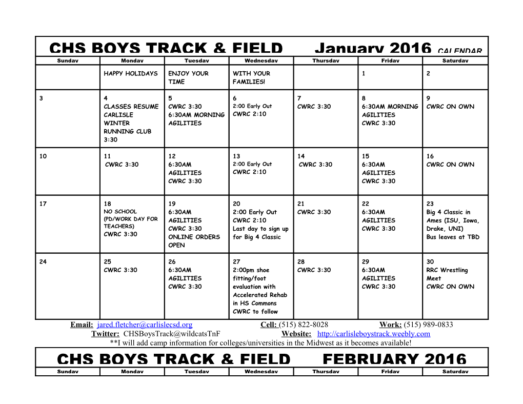 CHS BOYS TRACK & FIELD January 2016 CALENDAR IS SUBJECT to CHANGE