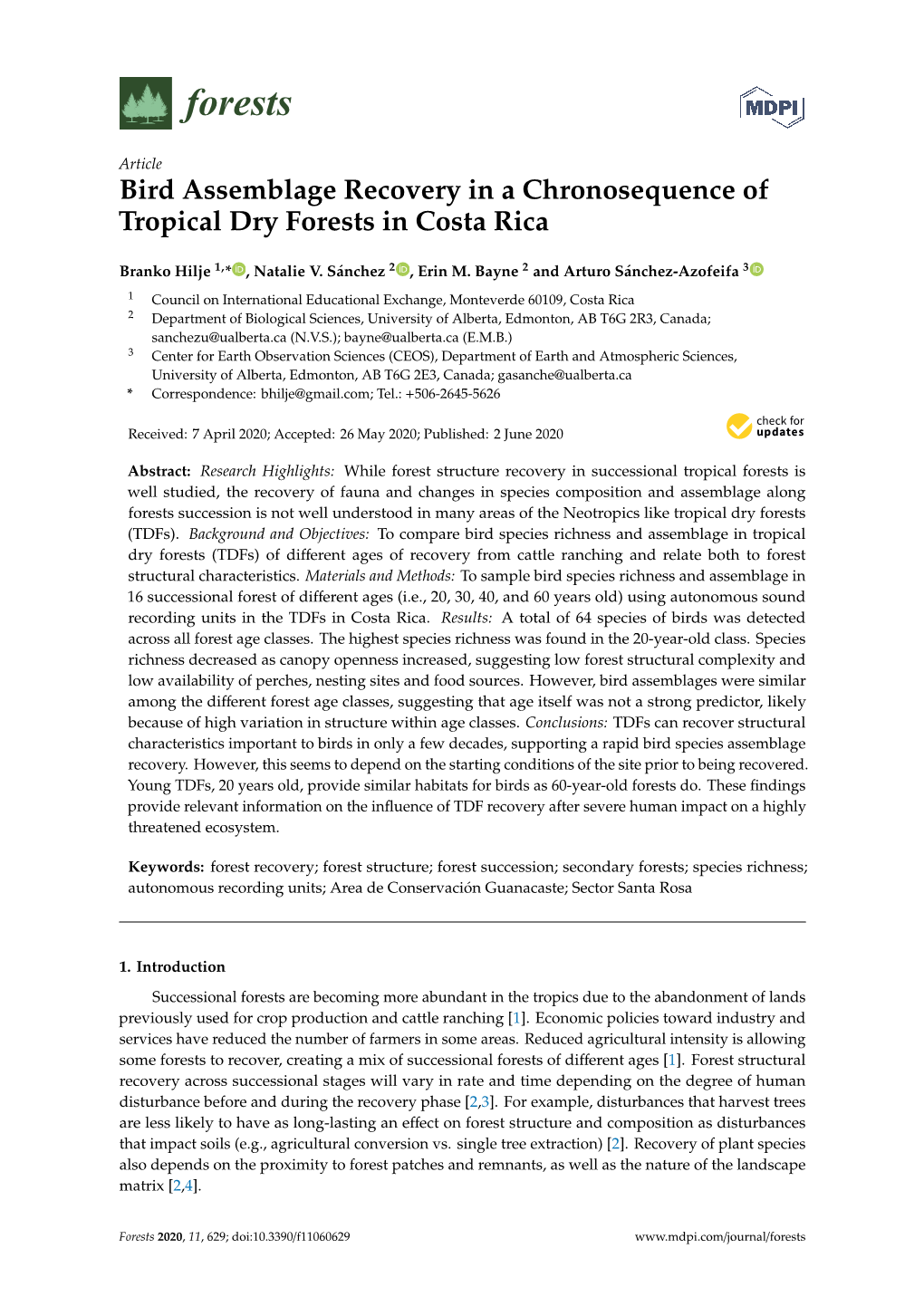 Bird Assemblage Recovery in a Chronosequence of Tropical Dry Forests in Costa Rica