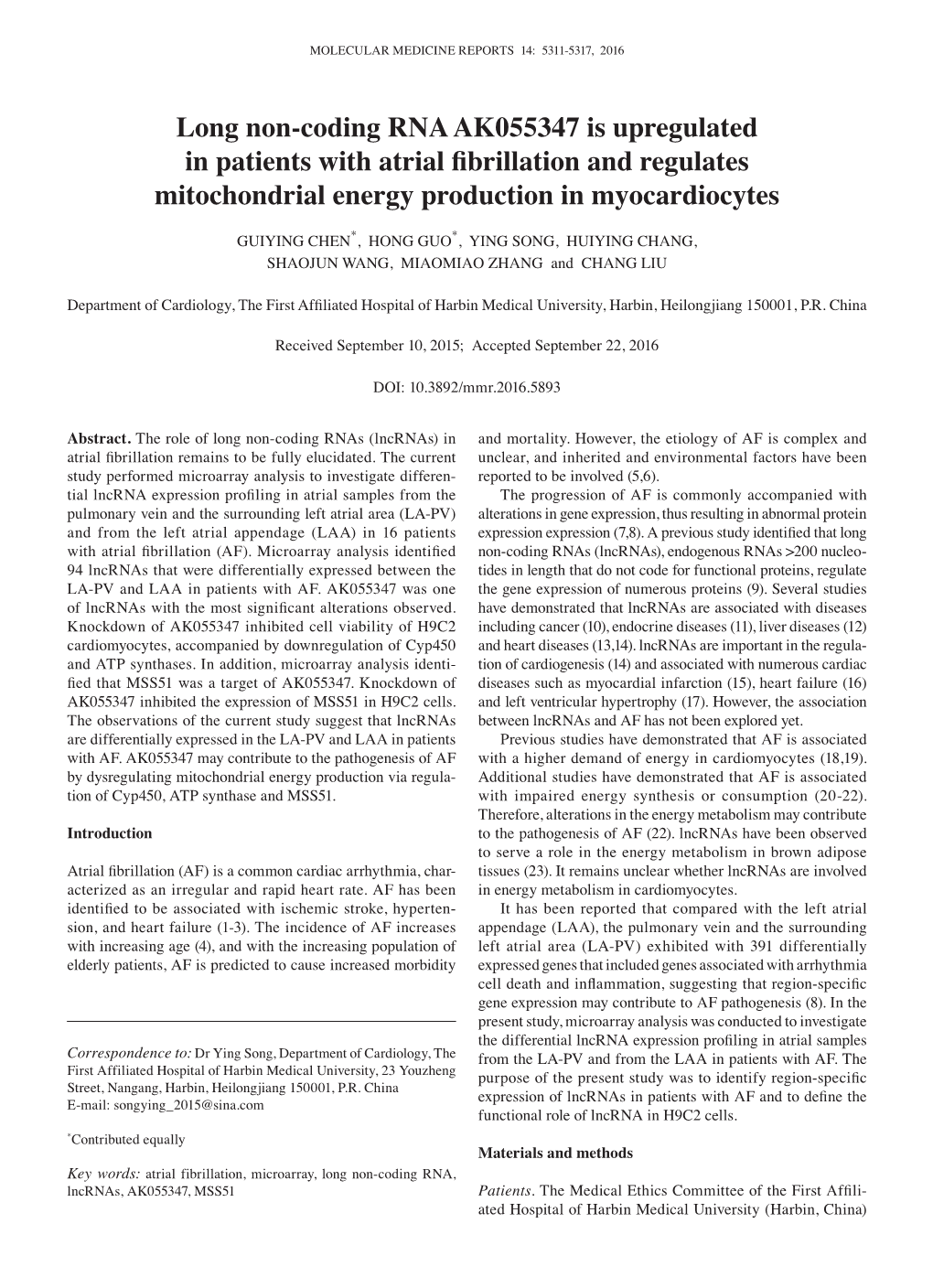 Long Non‑Coding RNA AK055347 Is Upregulated in Patients with Atrial Fibrillation and Regulates Mitochondrial Energy Production in Myocardiocytes