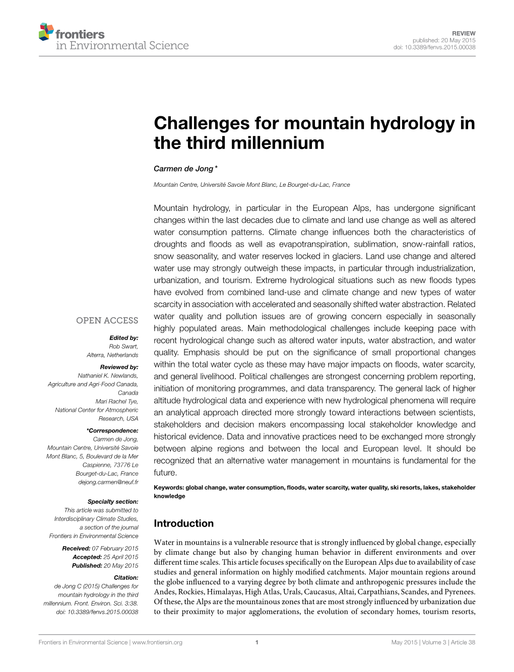 Challenges for Mountain Hydrology in the Third Millennium