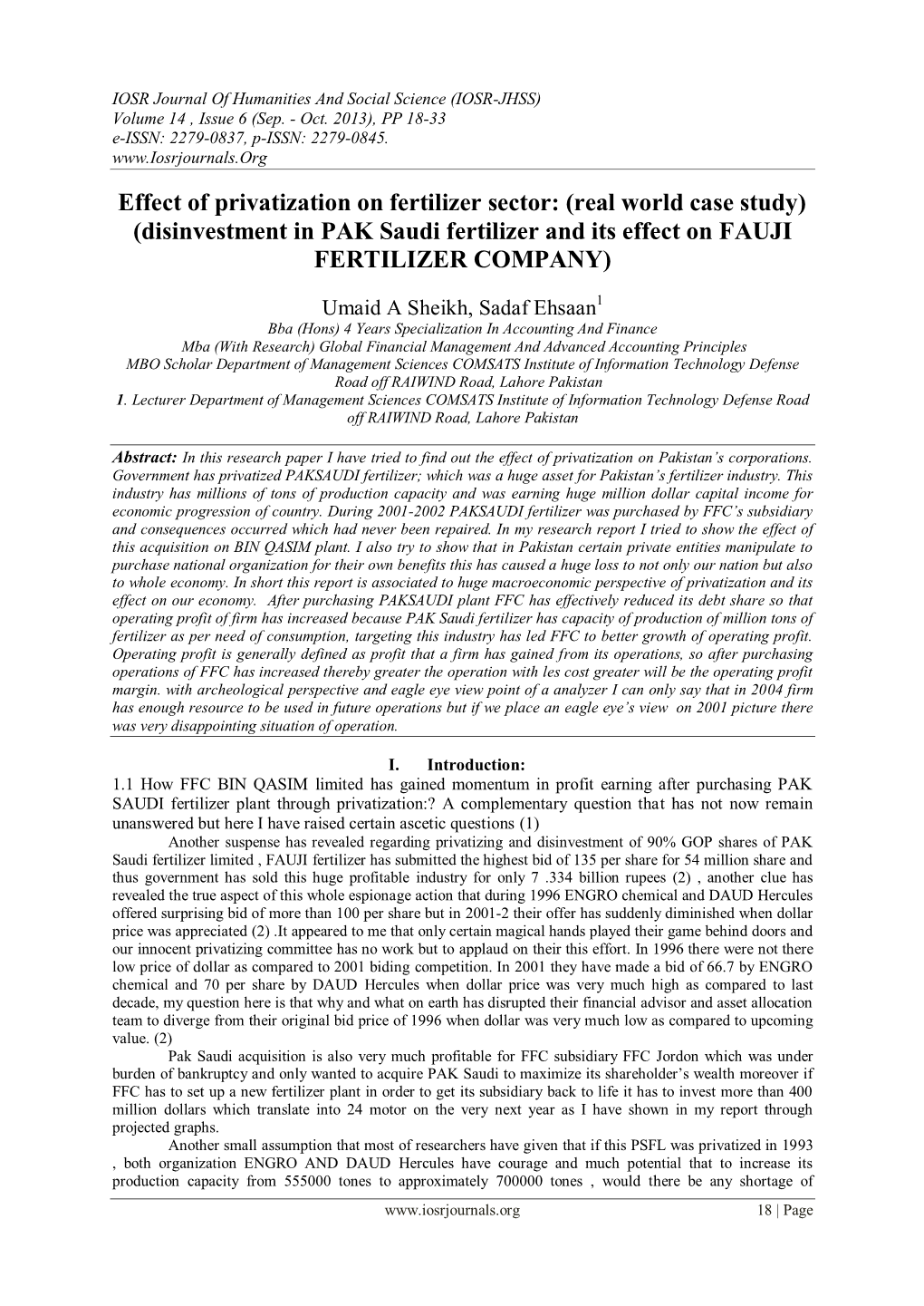 Effect of Privatization on Fertilizer Sector: (Real World Case Study) (Disinvestment in PAK Saudi Fertilizer and Its Effect on FAUJI FERTILIZER COMPANY)