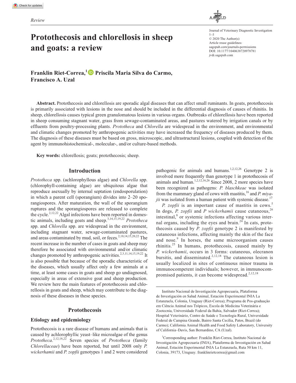 Protothecosis and Chlorellosis in Sheep and Goats: a Review