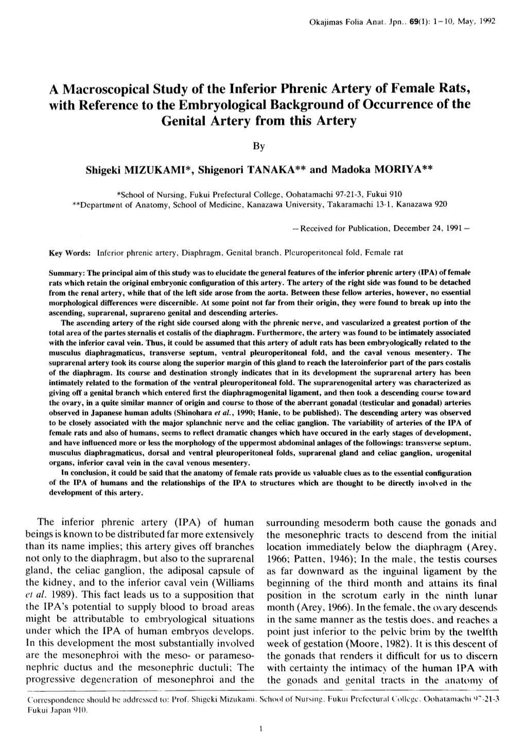 A Macroscopical Study of the Inferior Phrenic Artery of Female Rats, With