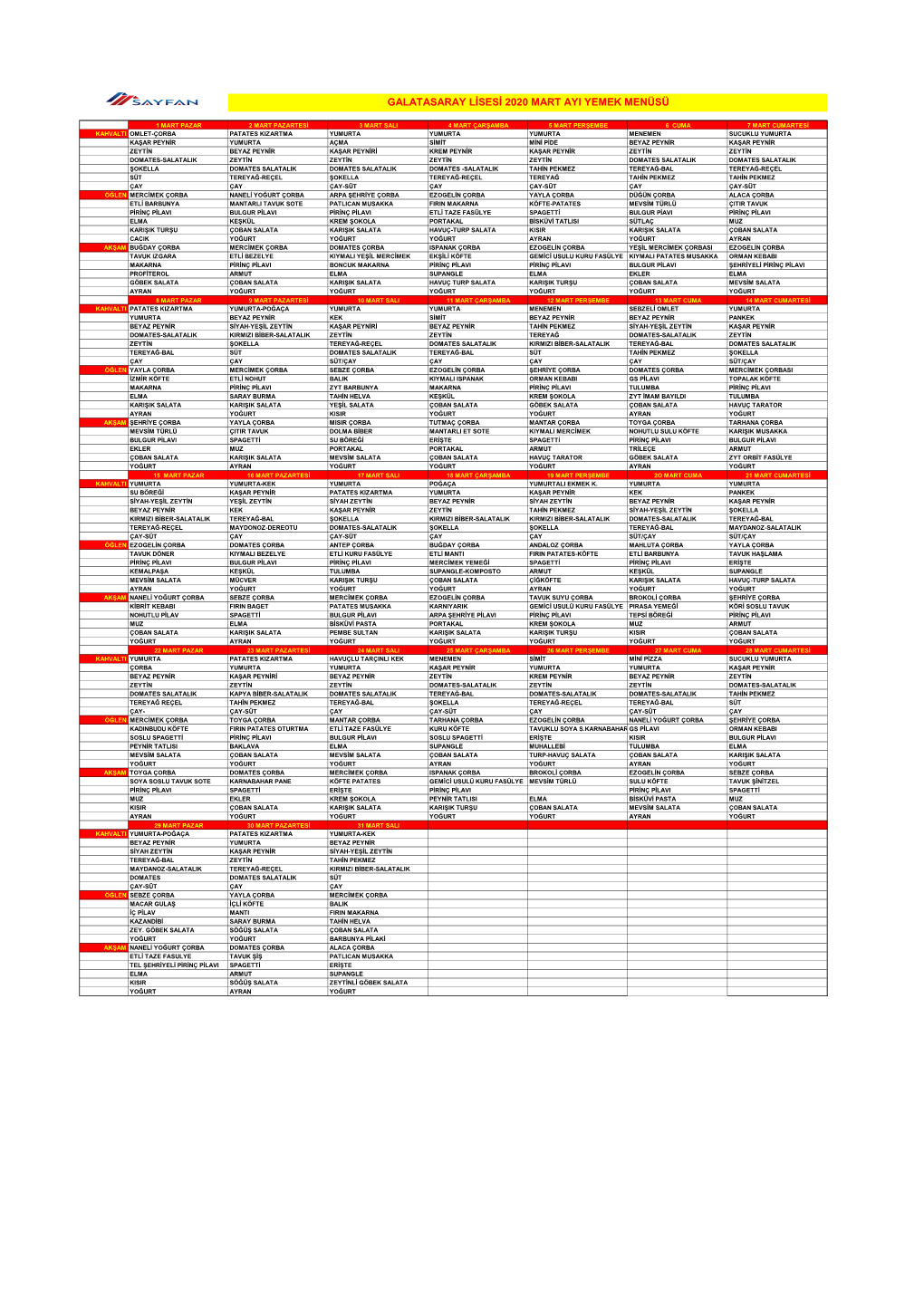 Galatasaray Lisesi 2020 Mart Ayi Yemek Menüsü