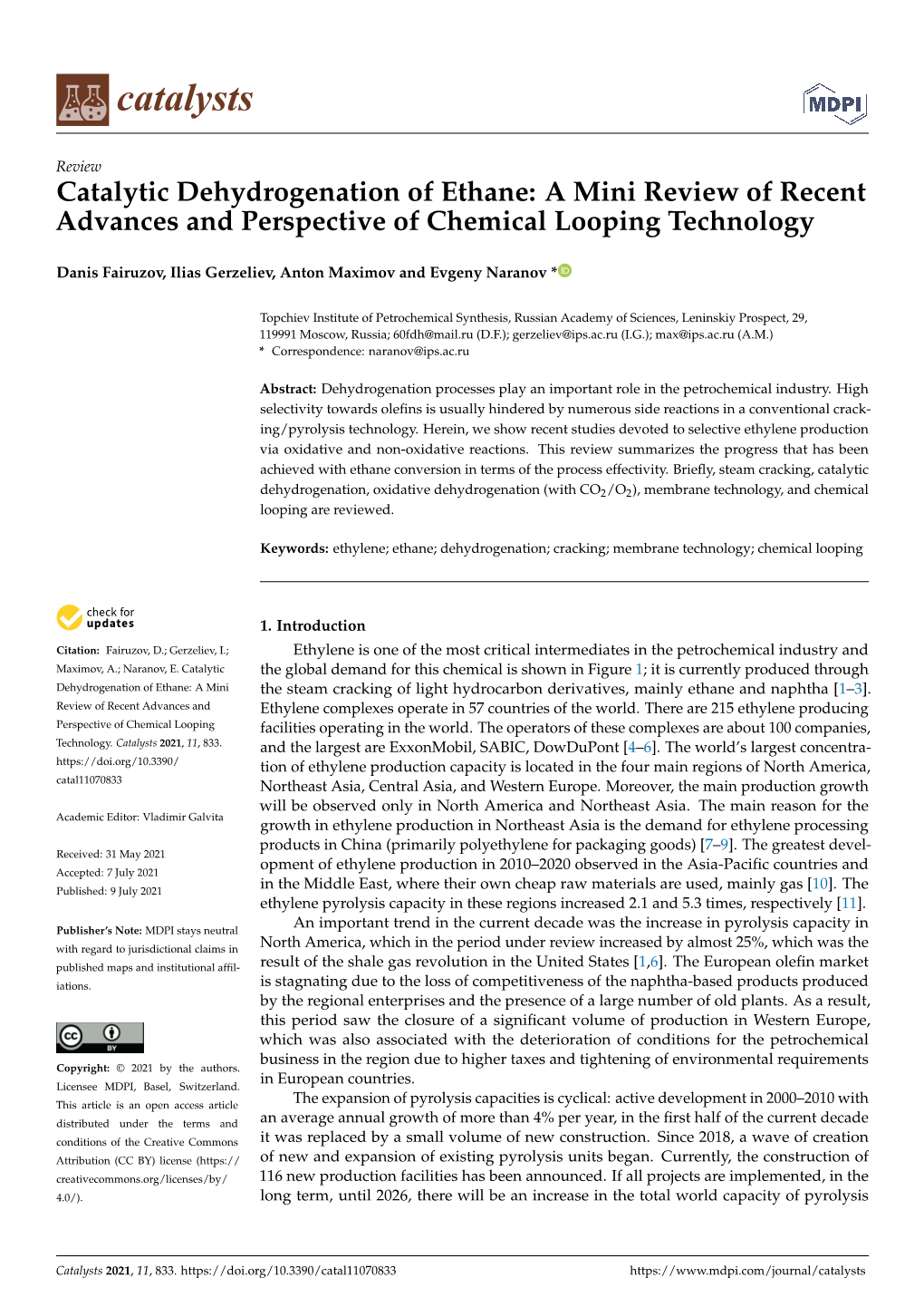 Catalytic Dehydrogenation of Ethane: a Mini Review of Recent Advances and Perspective of Chemical Looping Technology