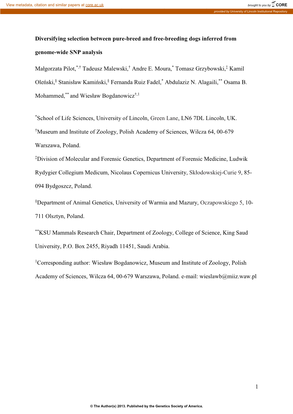 Diversifying Selection Between Pure-Breed and Free-Breeding Dogs Inferred from Genome-Wide SNP Analysis