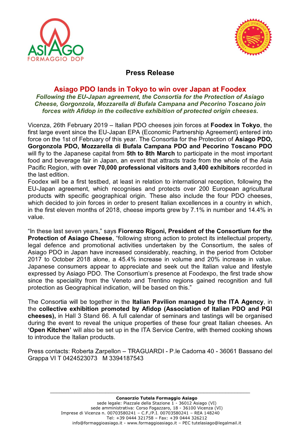 Press Release Asiago PDO Lands in Tokyo to Win Over Japan at Foodex