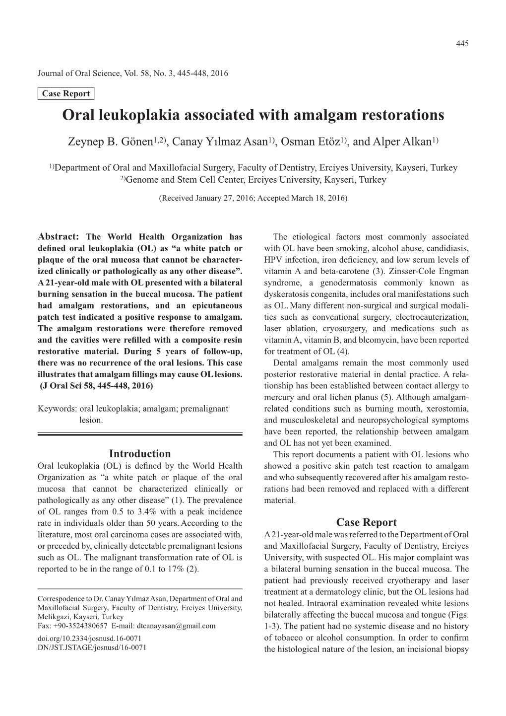 Oral Leukoplakia Associated with Amalgam Restorations Zeynep B