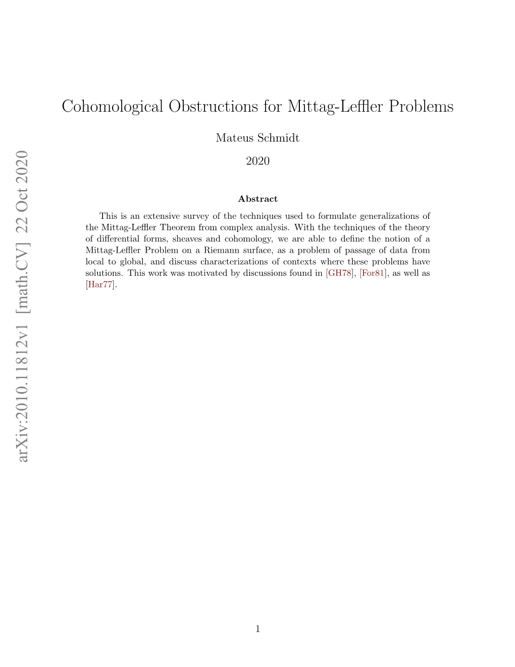 Cohomological Obstructions for Mittag-Leffler Problems